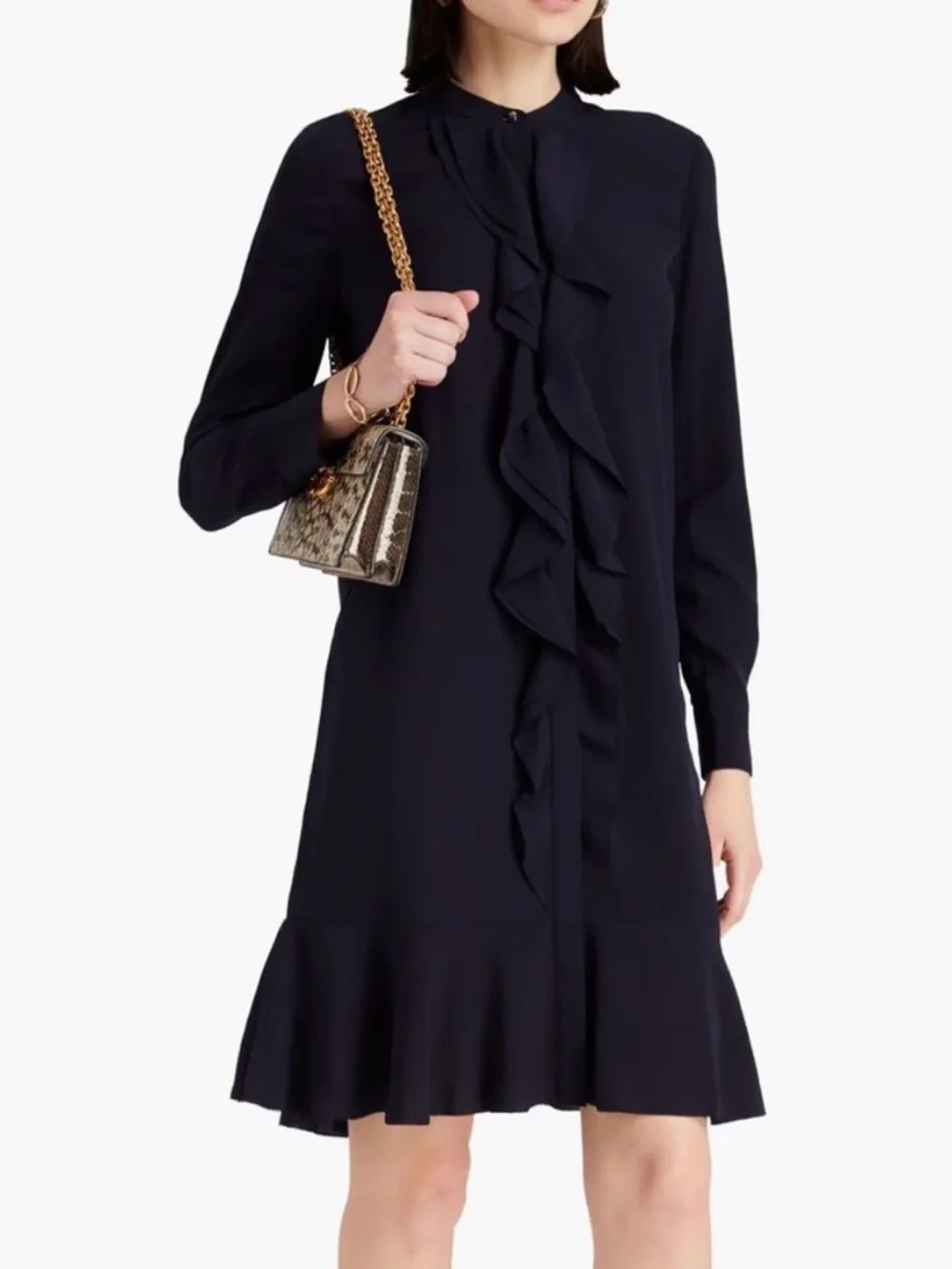 Tory Burch Jane Navy Ruffled Crepe de Chine Dress Size 6 - Picture 10 of 11